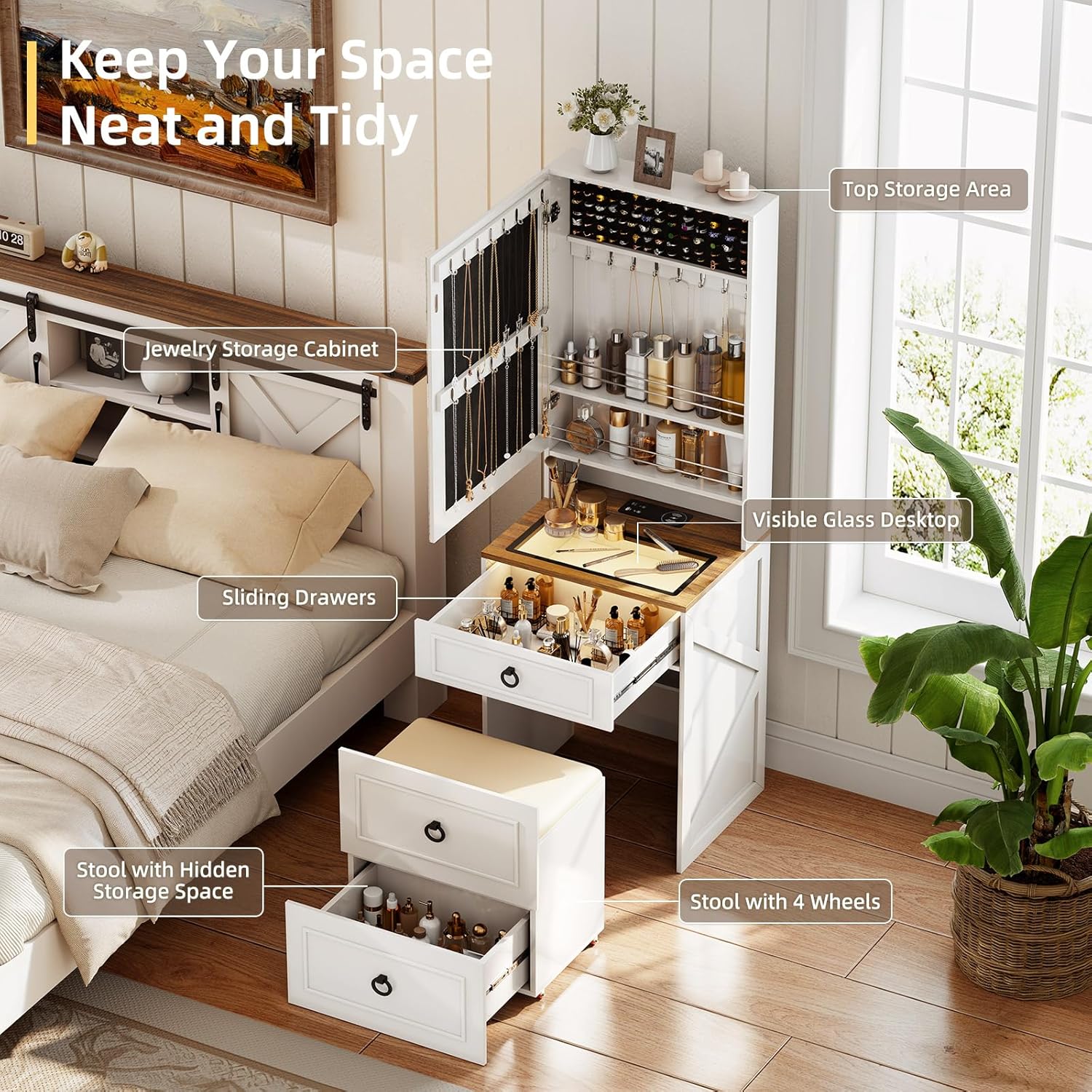 Small Vanity Desk with Mirror and Lights,Makeup Vanity Desk Set with Charging Station & Glass Top,Compact Dressing Table with Jewelry Cabinet & Storage Wheel Stool for Bedroom, White