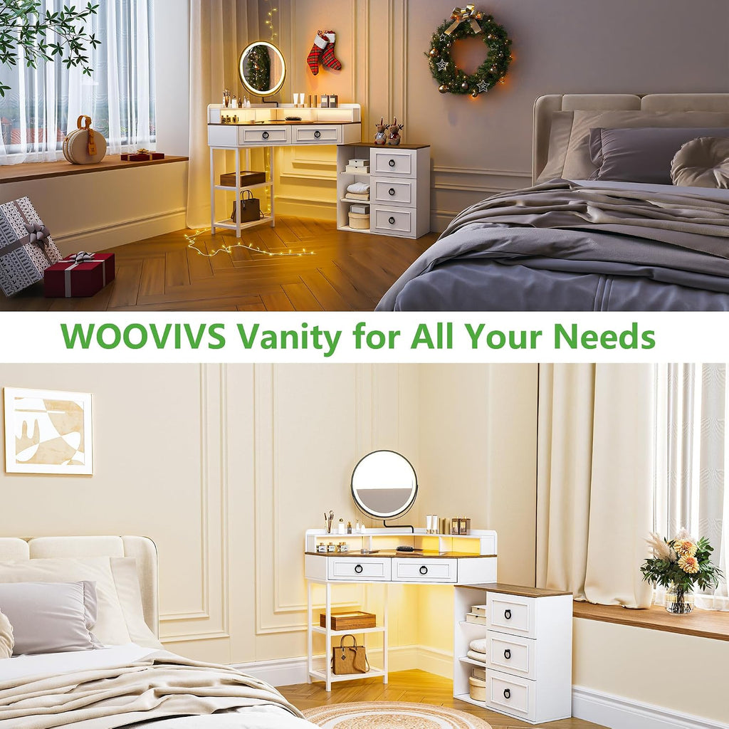 WOOVIVS Corner Vanity Desk with Lighted Rotating Mirror, Glass Top Makeup Table with 5 Drawers, Small Vanitys with Charging Station,Jewelry Organizers for Bedroom,White