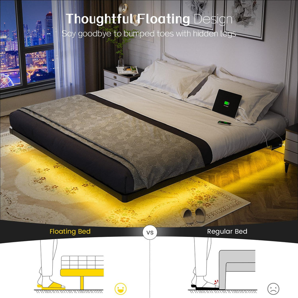 Floating Bed Frame King Size with LED Lights and Charging Station, King Metal Platform Bed Frame, No Box Spring Needed, Easy Assembly (King)