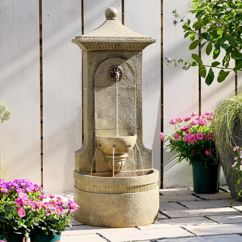 Outdoor Wall Fountain with LED Lights, 42.91' H Freestanding Garden Water Fountain, Large Floor Standing Patio Waterfall Feature, European Resin Flat Back Yard Courtyard Porch Déco