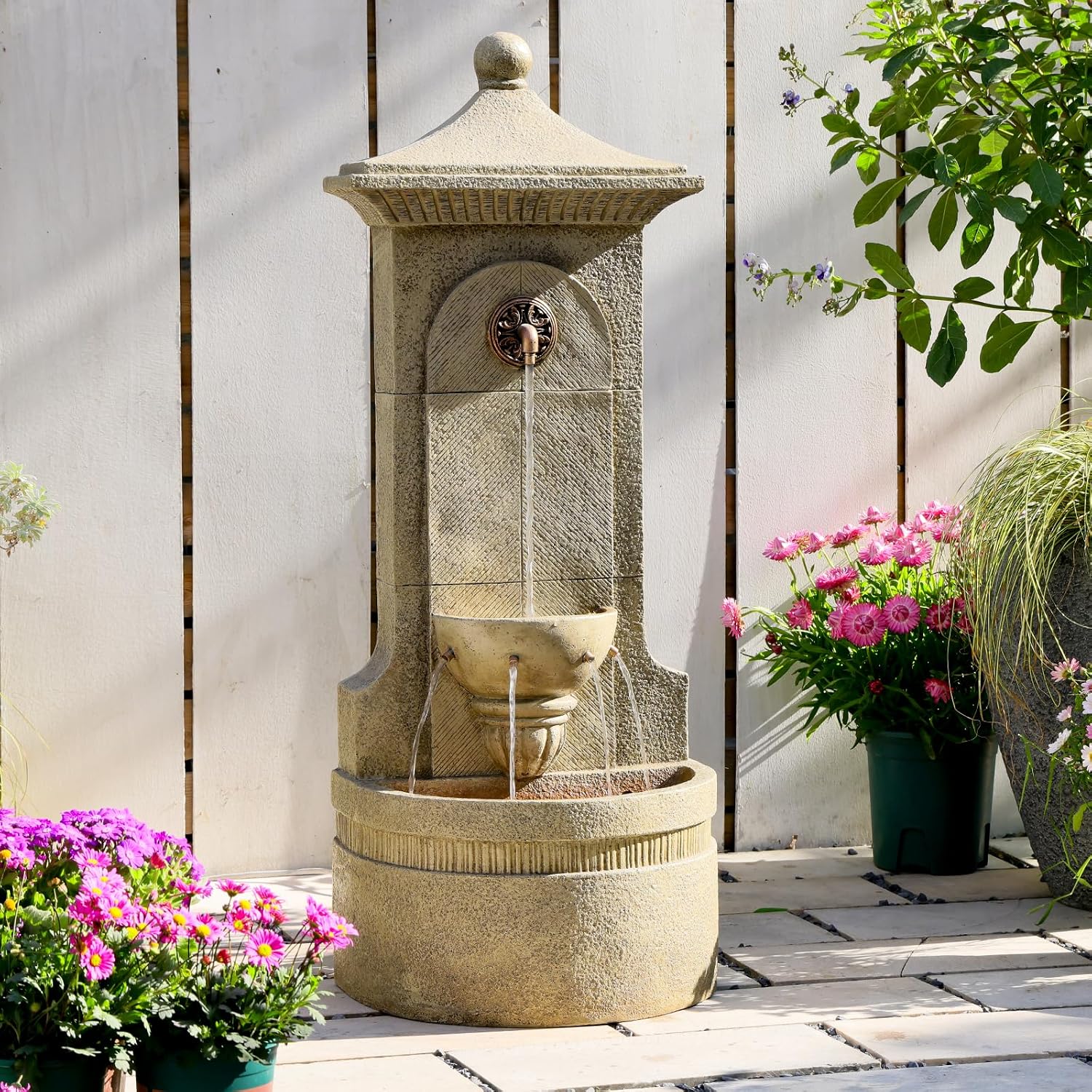 Outdoor Wall Fountain with LED Lights, 42.91' H Freestanding Garden Water Fountain, Large Floor Standing Patio Waterfall Feature, European Resin Flat Back Yard Courtyard Porch Déco