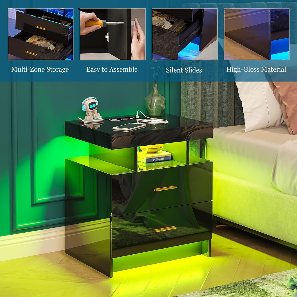 WOOVIVS Night Stand with Light, High Gloss Nightstand with USB/Wireless Charging Station, LED Black Nightstands with Storage Drawers, RGB Side End Table for Bedroom Furniture（Black）
