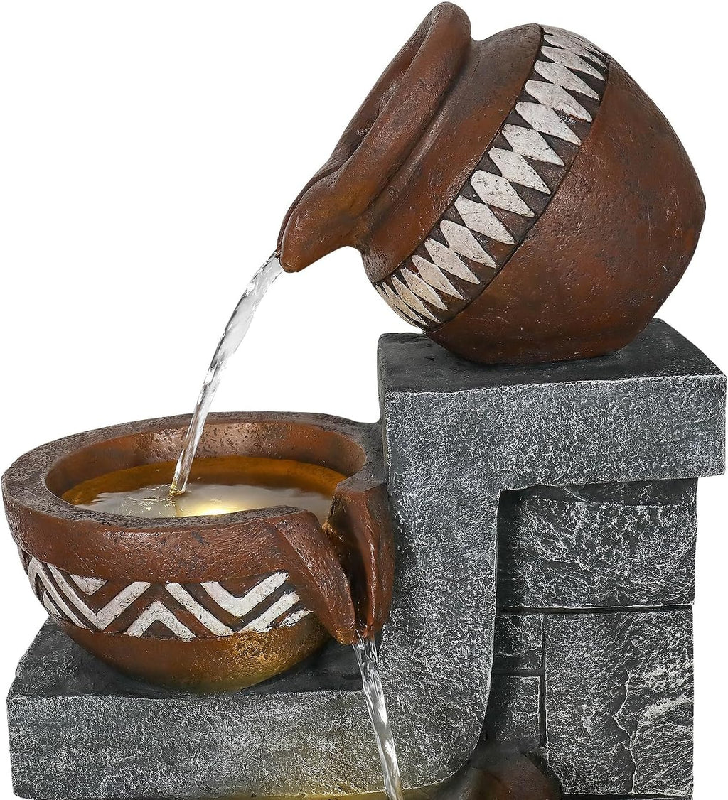 56.6in High Outdoor Indoor Water Fountain, 6-Tiered Poly-Resin Waterfall Fountain with LED Lights, Decorative Floor Standing Fountain for Garden, Patio, Yard, Home Decor