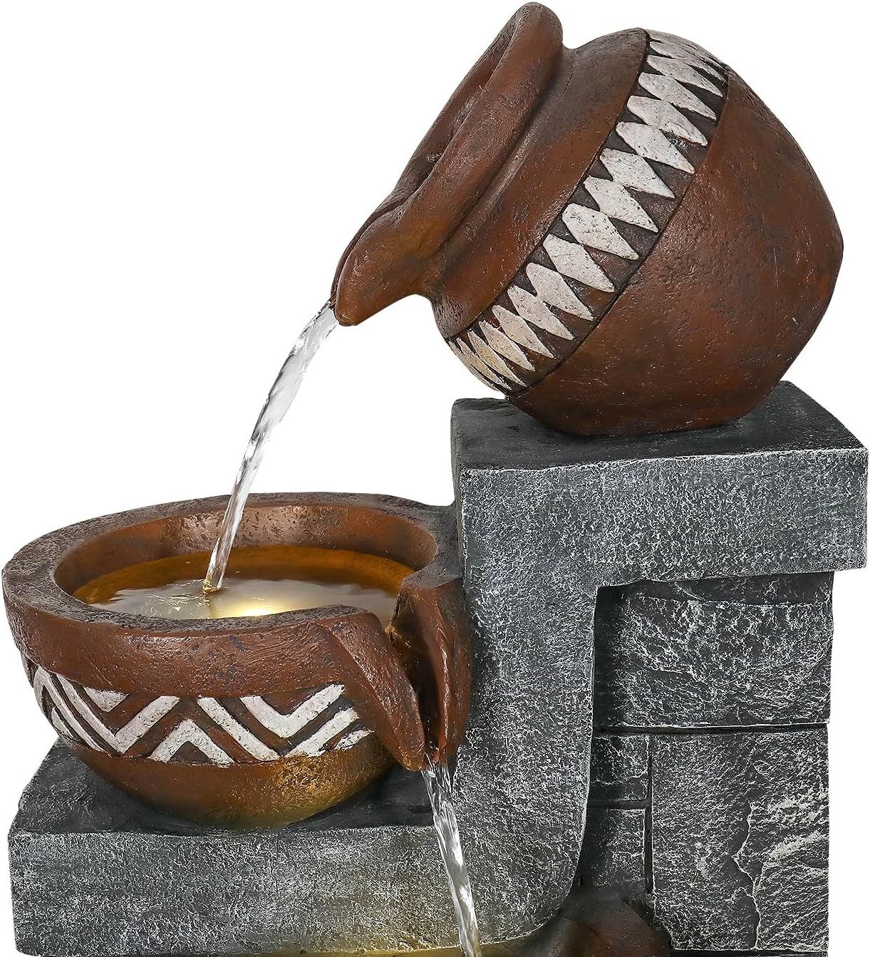 56.6in High Outdoor Indoor Water Fountain, 6-Tiered Poly-Resin Waterfall Fountain with LED Lights, Decorative Floor Standing Fountain for Garden, Patio, Yard, Home Decor