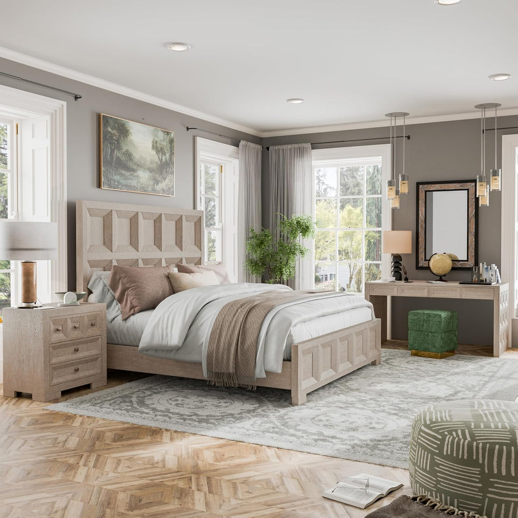 Furniture of America Dannen Modern Classic Solid Wood 3-Piece Bedroom Set, Panel Bedframe, Writing Desk and Wooden Nightstand with USB Ports, Box Spring Needed, King, Tawny Brown