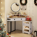 Corner Vanity Desk with Mirror and Lights, Modern Makeup Vanity with Charging Station & Human Sensor Light, Glass Top Dressing Table with 4 Drawers & Shelves for Bedroom (White)