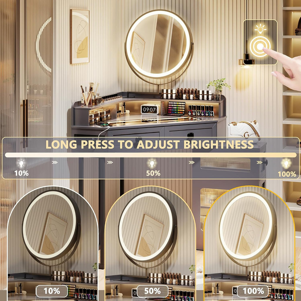 FREDEES Makeup Vanity with Mirror and Lights, Corner Vanity Table with Charging Station for Bedroom/Cloakroom, Glass Top Vanity Set with Drawers and Shelves, Grey