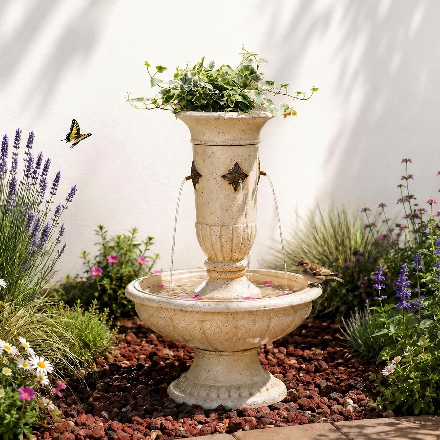 Bumilgar Outdoor Wall Fountain with LED Lights, 25.39' H Freestanding Garden Water Fountain, Large Floor Standing Patio Waterfall Feature, European Resin Flat Back Yard Courtyard Porch Décor