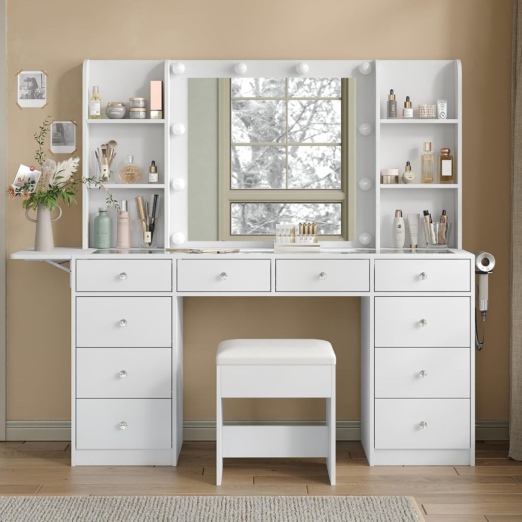 FUSOU Vanity Desk with Power Outlet, 10 Drawers Makeup Vanity with Mirror and Lights, 3 Colors Adjustable, Fold-up Panel, Glass Top Vanity Set for Bedroom