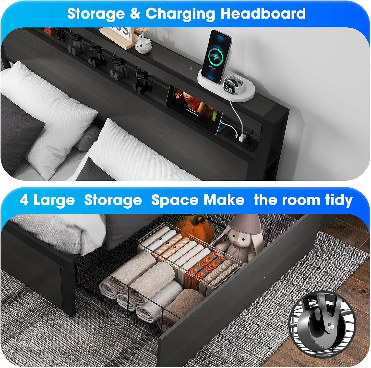 Fabuils Full Size Bed Frame with Storage, LED Wood Bed Platform with Headboard, 4 Drawers, Charging Station, No Box Spring Needed, Metal Support Base,Charcoal Grey
