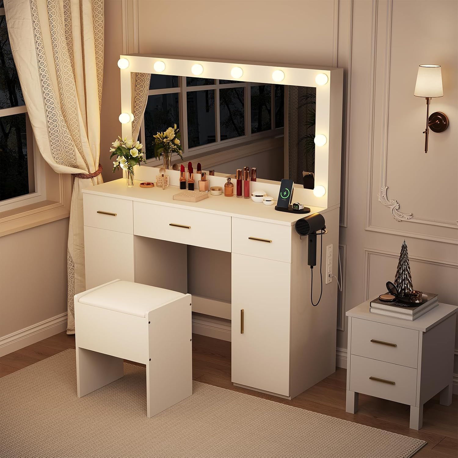 IDEALHOUSE Makeup Vanity Desk with Mirror and Lights, Modern White Vanity Table with Drawers, Charging Station & Storage Stool, Wood Make Up Vanity Set for Bedroom Apartment