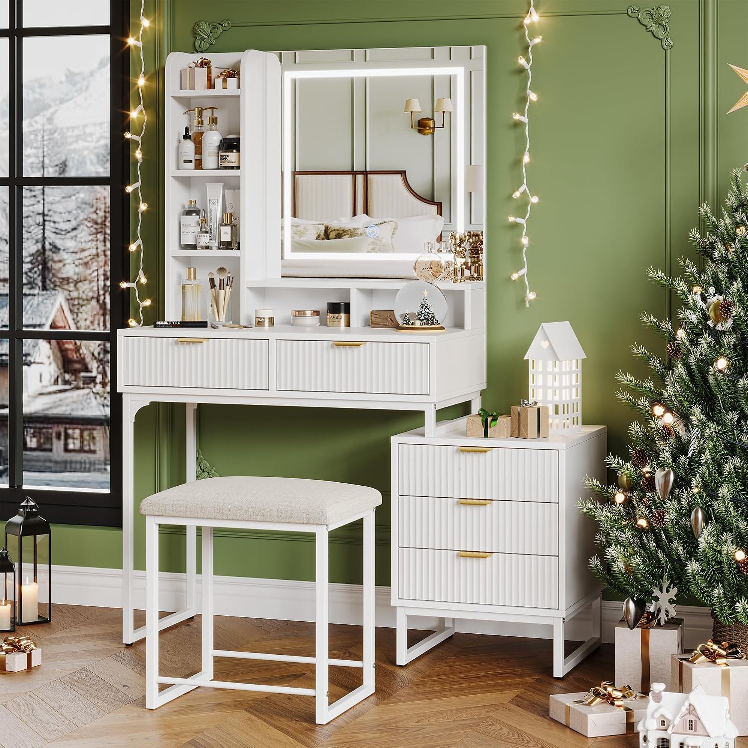 Makeup Vanity Desk with Mirror and Lights, Vanity Table Set with 3 Adjustable Lighting Colors, Dressing Table With 5 Large Drawers and Cushioned Stool, White Bedroom Vanity for Girls Women, White