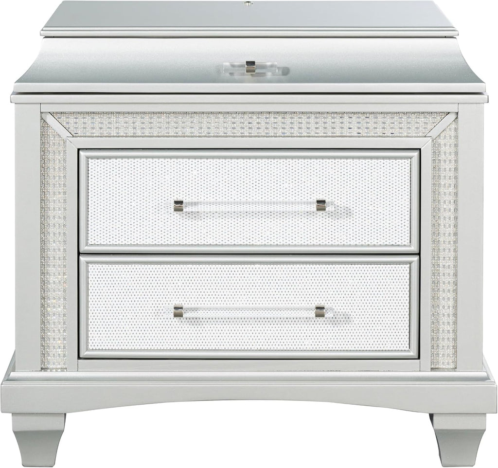 Furniture of America Silvia Glam Solid Wood 6-Piece Bedroom Set with Layered Frame Bed, Faux Crystal Trim LED on Nightstands, Chest and Dresser with Mirror, Box Spring Needed for Bedroom, King, Silver