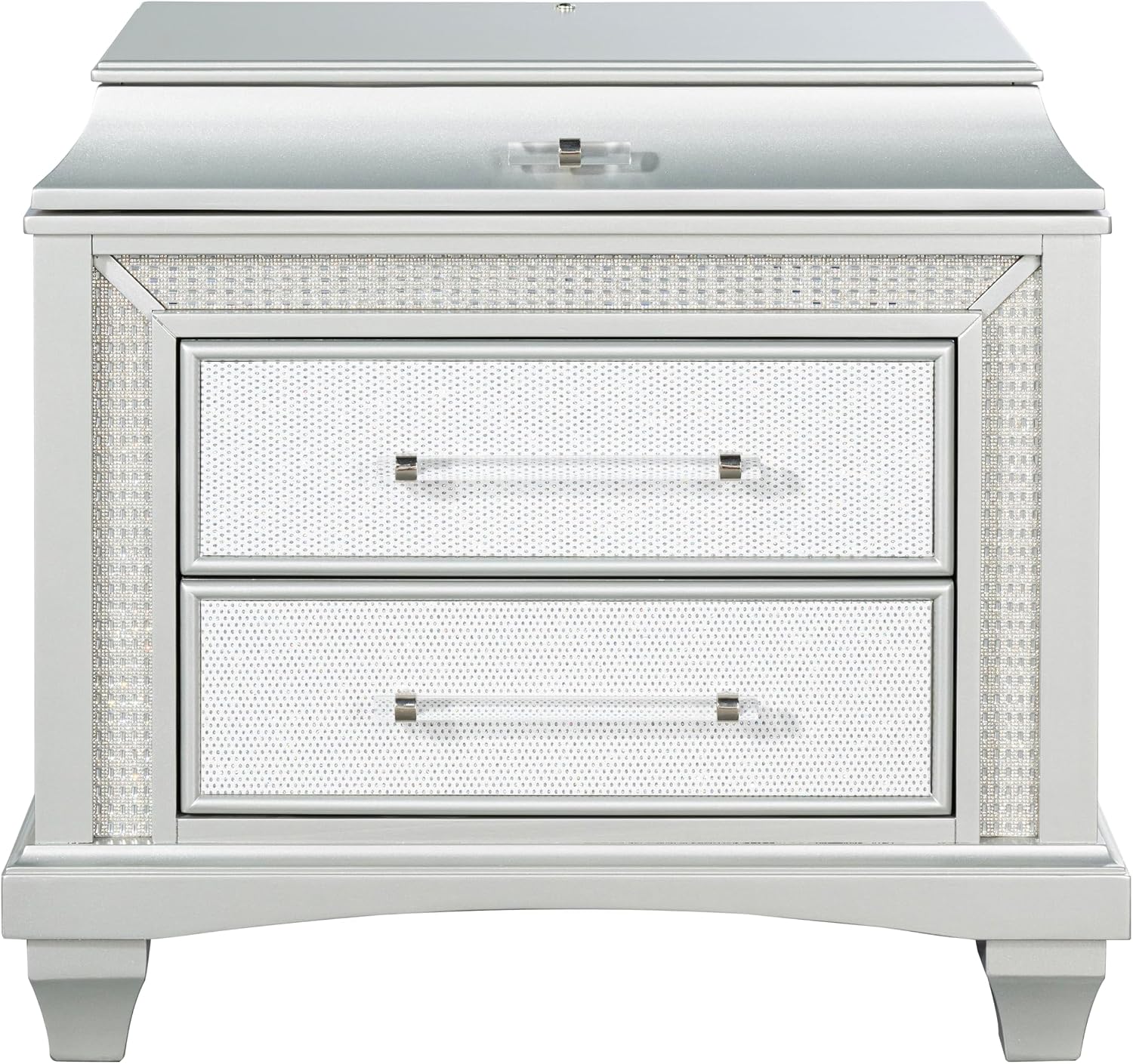 Furniture of America Silvia Glam Solid Wood 4-Piece Bedroom Set with Layered Frame Bed, Faux Crystal Trim LED on Nightstand and Dresser with Mirror, Box Spring Needed for Bedroom, King, Silver