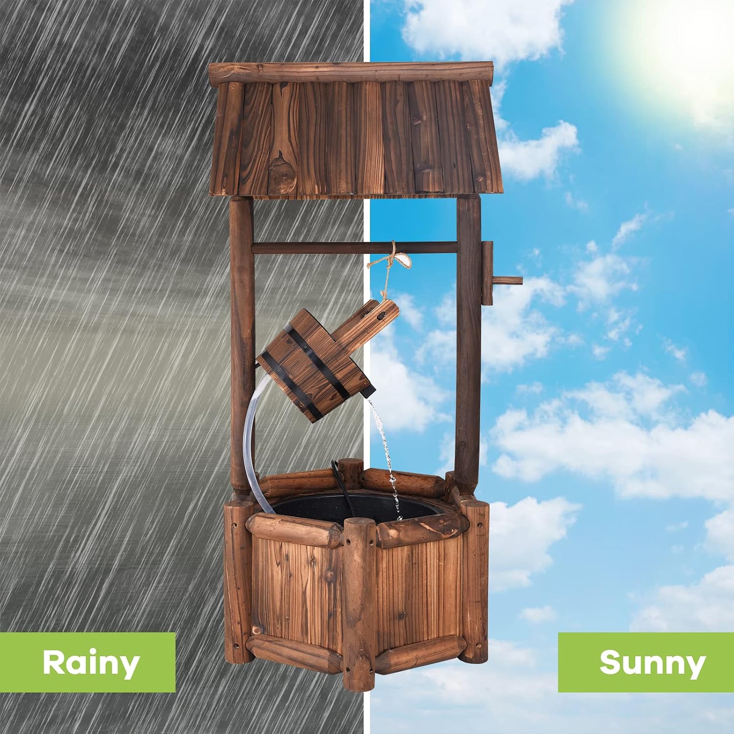 S AFSTAR Wishing Well Water Fountain, Rustic Wood Outdoor Waterfall Fountain with UL Certificated, Garden Wishing Well, Electric Pump Wishing Wells for Outdoor Yard Garden Backyard Decoration