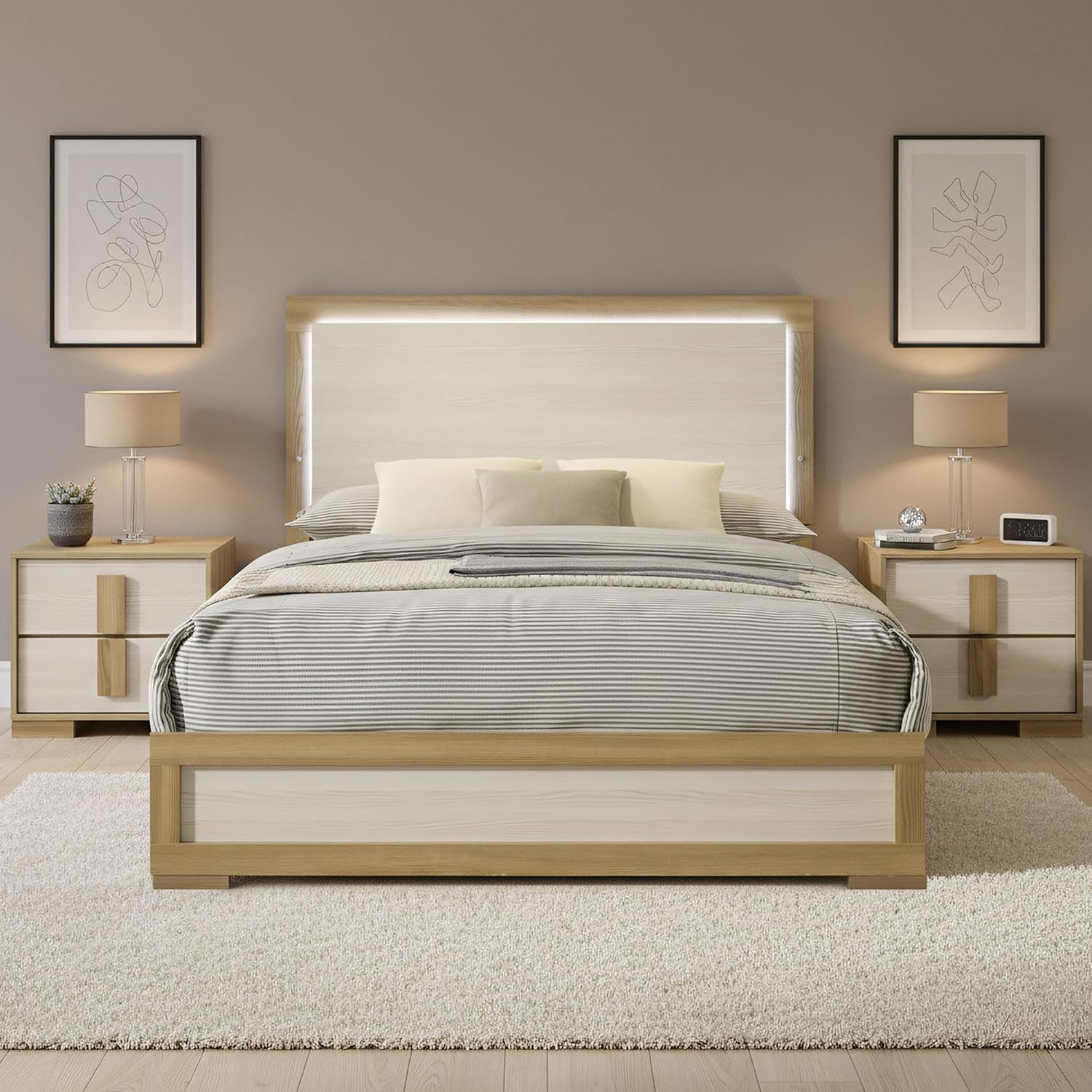 Kings Brand Furniture Boone 3-Piece Bedroom Set – Bed Frame with LED Headboard & 2 Nightstands, Natural/White Wood Finish, Slim-Profile Modern Design (Queen)