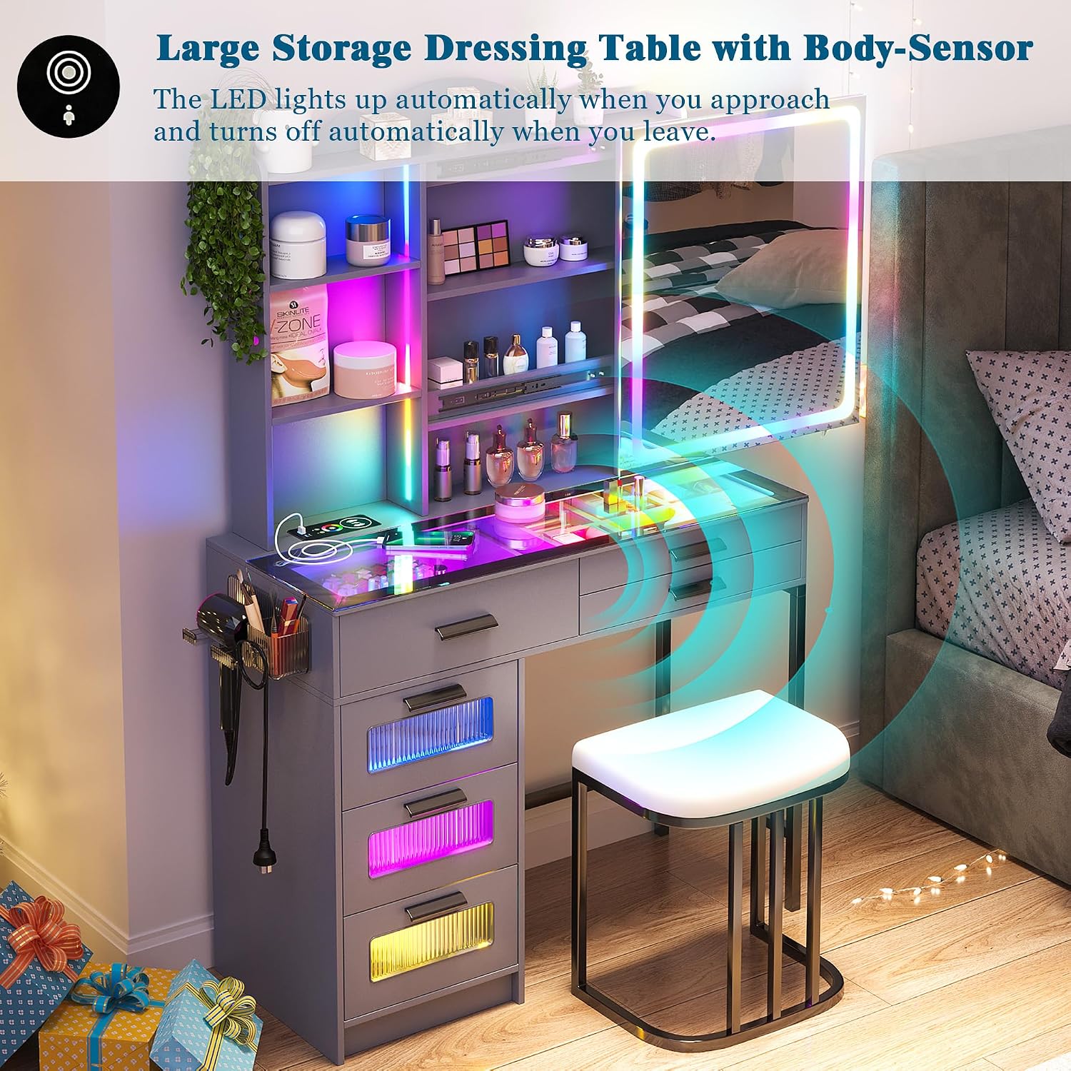 WOOVIVS Glass Top Vanity with LED Mirror, 6 Drawer Dresser with Charging Station for Bedroom, Small Makeup Vanitys Table with RGB Light, Vanity Set with Chair,Jewelry Organizer for Girls-Grey