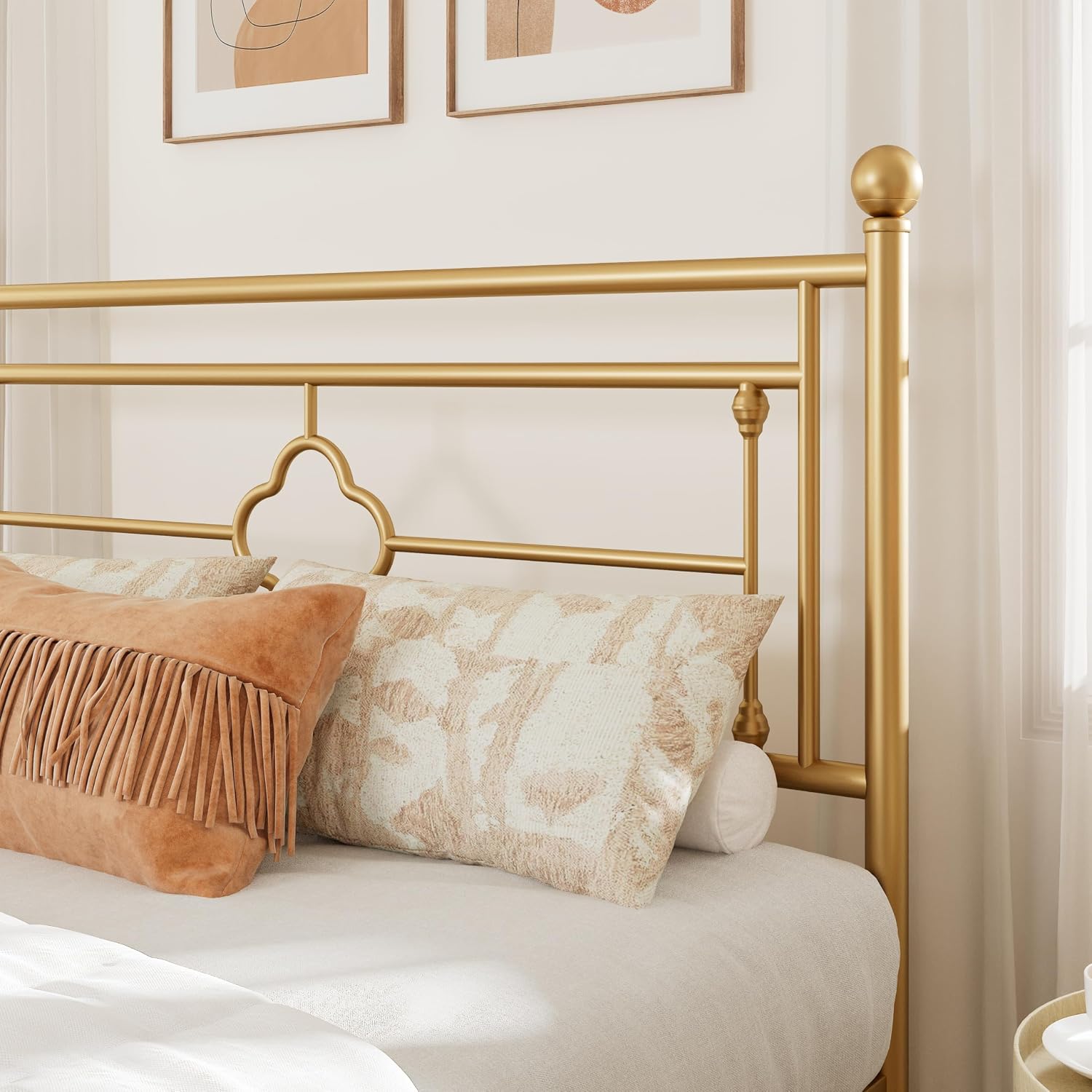 Allewie Full Size Metal Platform Bed Frame with Victorian Vintage Headboard and Footboard/Mattress Foundation/Under Bed Storage/No Box Spring Needed/Noise-Free/Easy Assembly, Gold