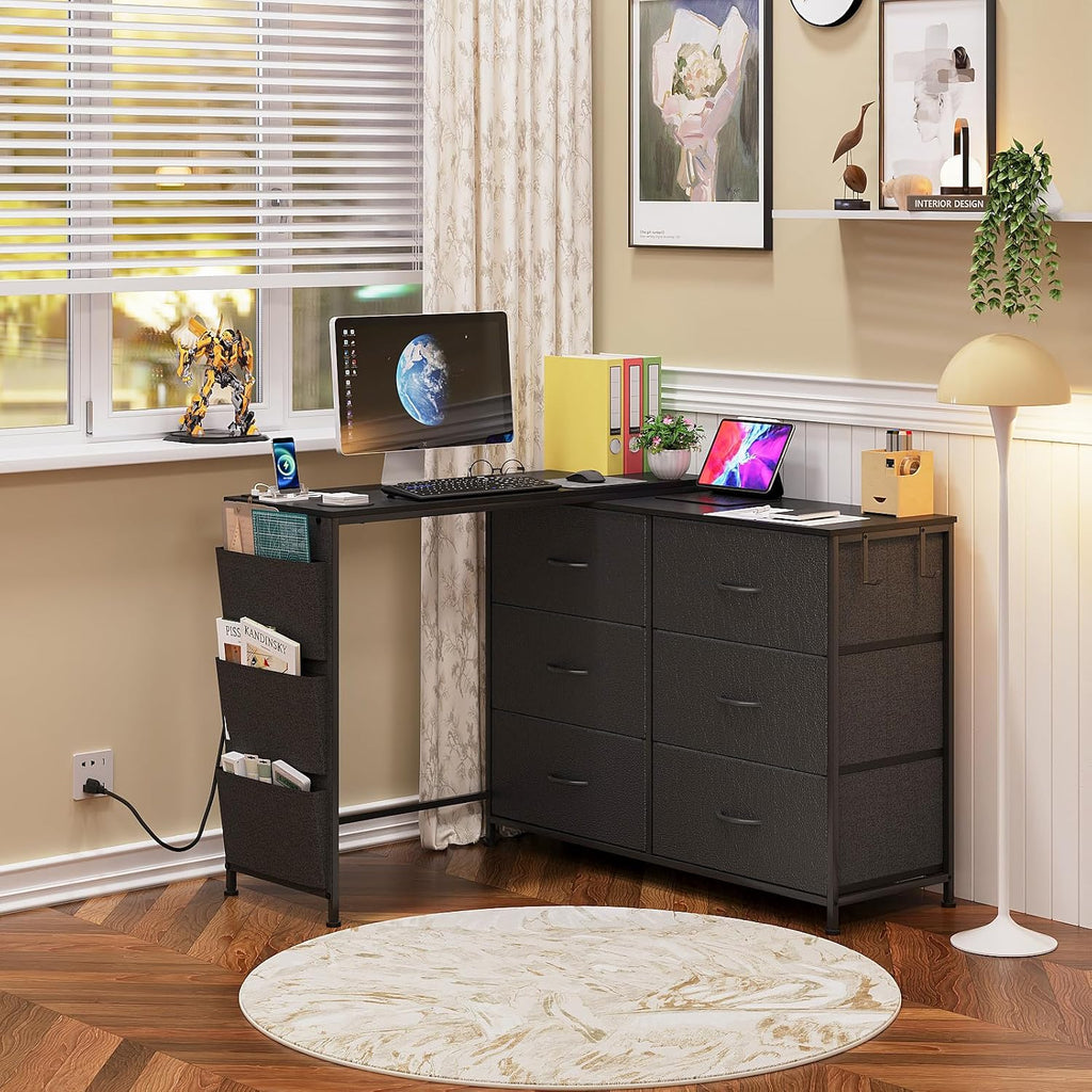 Simoretus Modern Corner Vanity Desk with 6 Fabric Drawers Power Outlet Side Pocket L Shaped Drawers Makeup Desk Dressing Table for Girls Women Bedroom (Black)