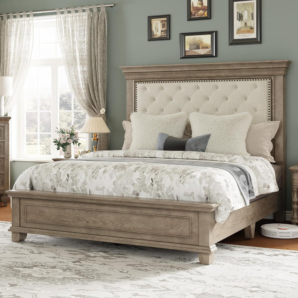 LUXOAK Solid Pine Wood Queen Bed Frame with 69' High Upholstered Headboard, Transitional Style Platform Bed, No Box Spring Needed & Easy Assembly, Button-Tufted Chenille Fabric, Antique Taupe