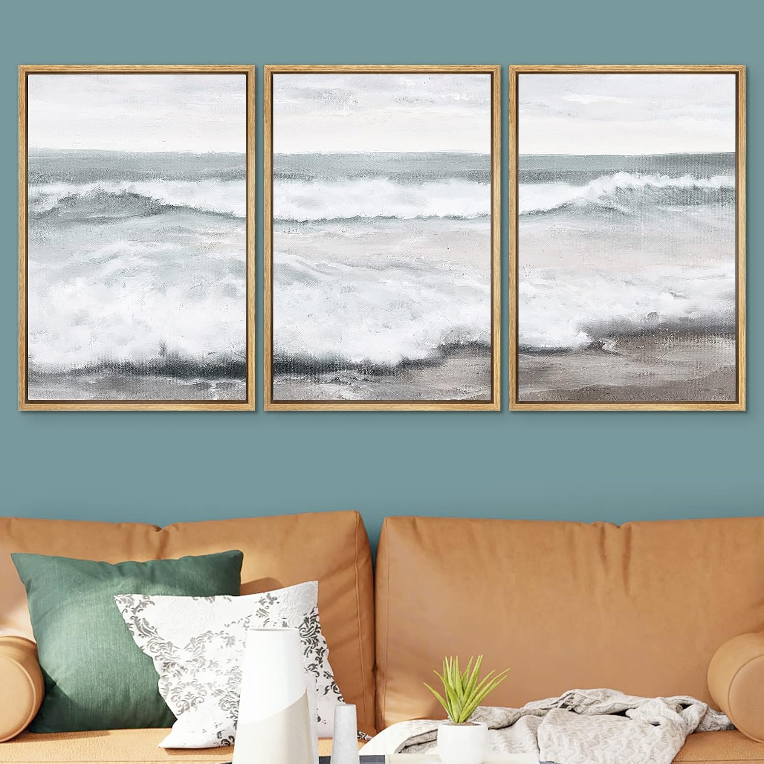 SIGNWIN Framed Canvas Print Wall Art Set Ocean Sea Wave Beach Shore Seascape Nature Wilderness Illustrations Modern Art Decorative Scenic Rustic for Living Room, Bedroom, Office - 16'x24'x3 Natural