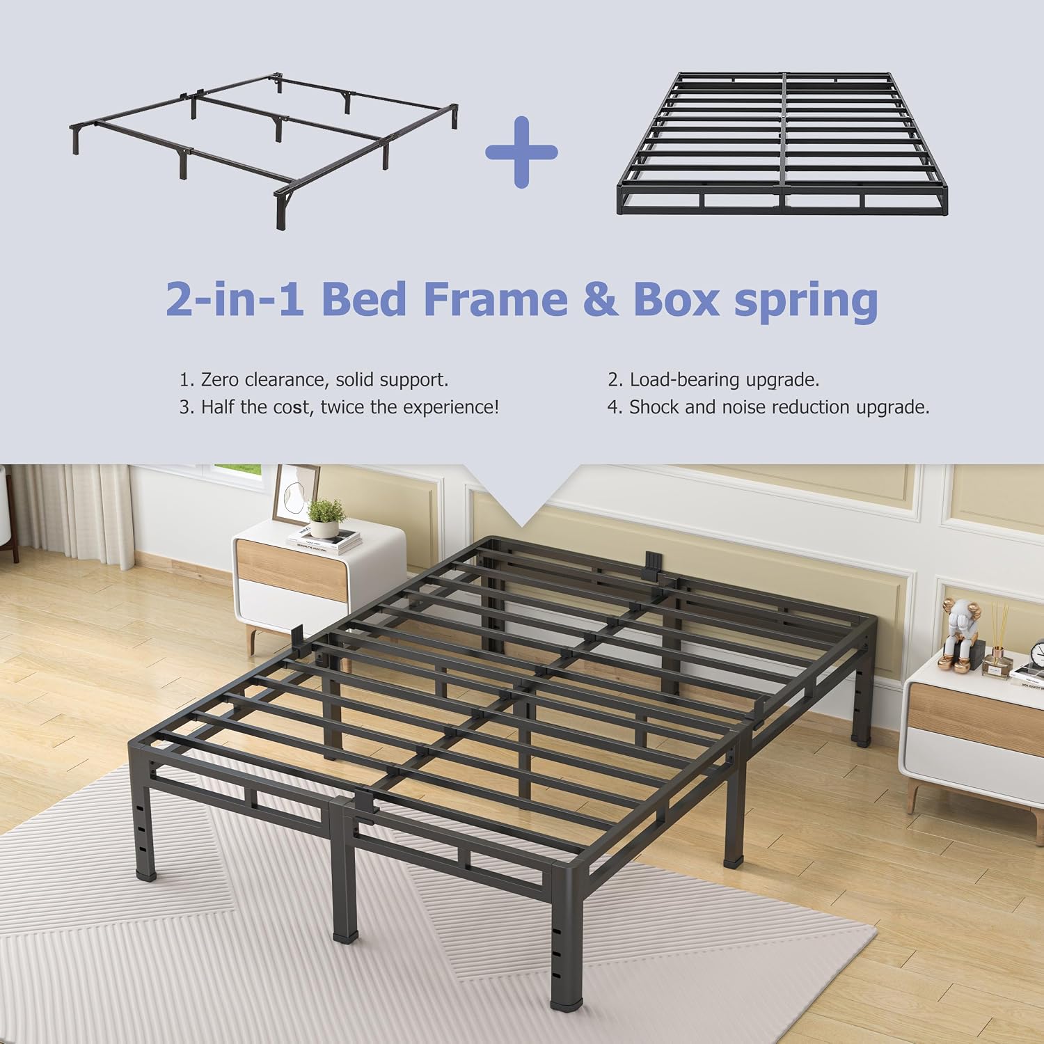 NKZ 18 Inch Queen Size Metal Bed Frame & Box Spring 2 in 1 Platform with Round Corner Legs, 4000Lbs Heavy Duty, Mattress Slide Stopper, Headboard Hole, Noise-Free, Easy Assembly