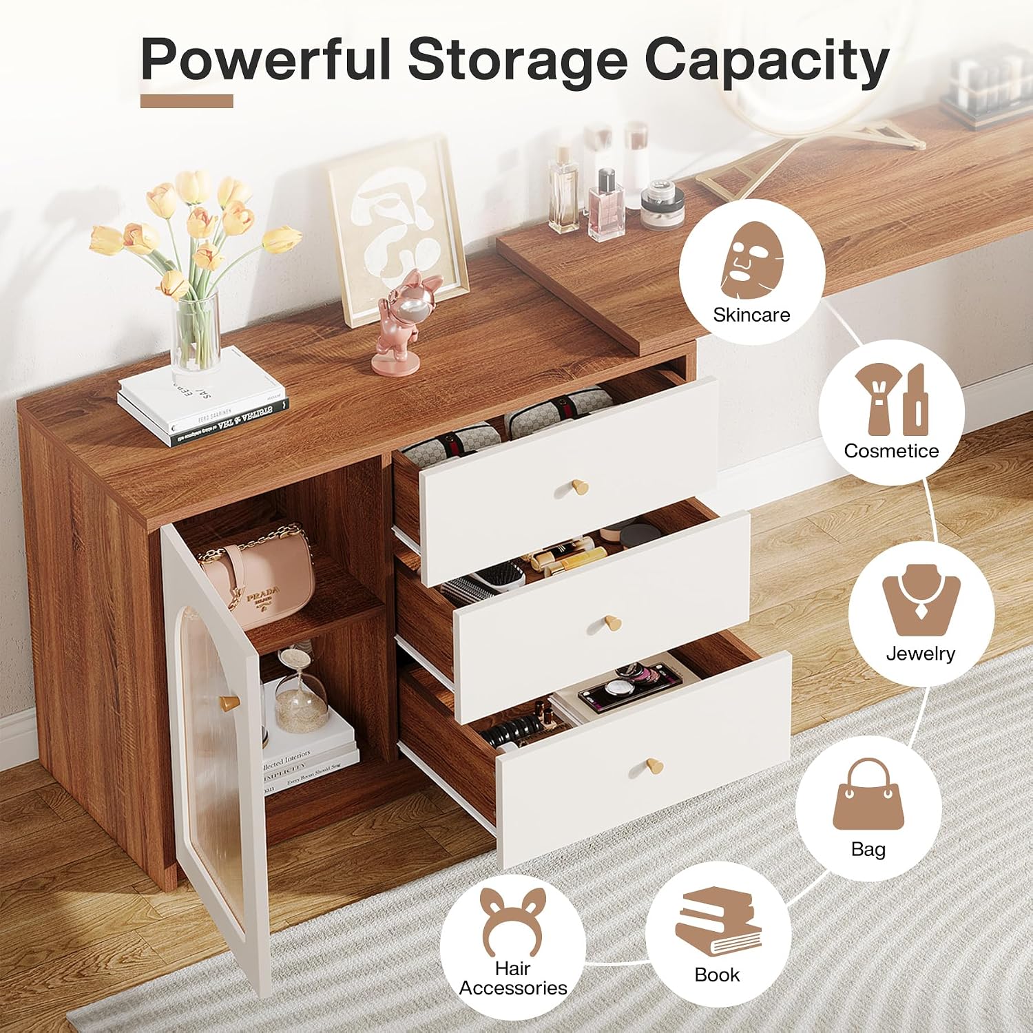 Tribesigns Modern Makeup Vanity, Retractable Large Vanity Desk with 3 Drawers and Cabinet, Makeup Corner Dressing Table for Bedroom, Walnut and White (Without Mirror)