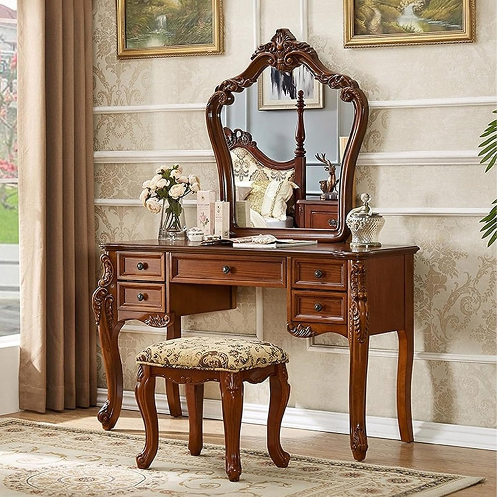Mid Century European Antique Makeup Vanity, Vintage Brown Makeup Table with 5 Drawers and Mirror, Fabric Upholstered Stool, Bedroom Dressing Table for Women Girls (120cm/47in)