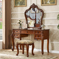 Mid Century European Antique Makeup Vanity, Vintage Brown Makeup Table with 5 Drawers and Mirror, Fabric Upholstered Stool, Bedroom Dressing Table for Women Girls (120cm/47in)