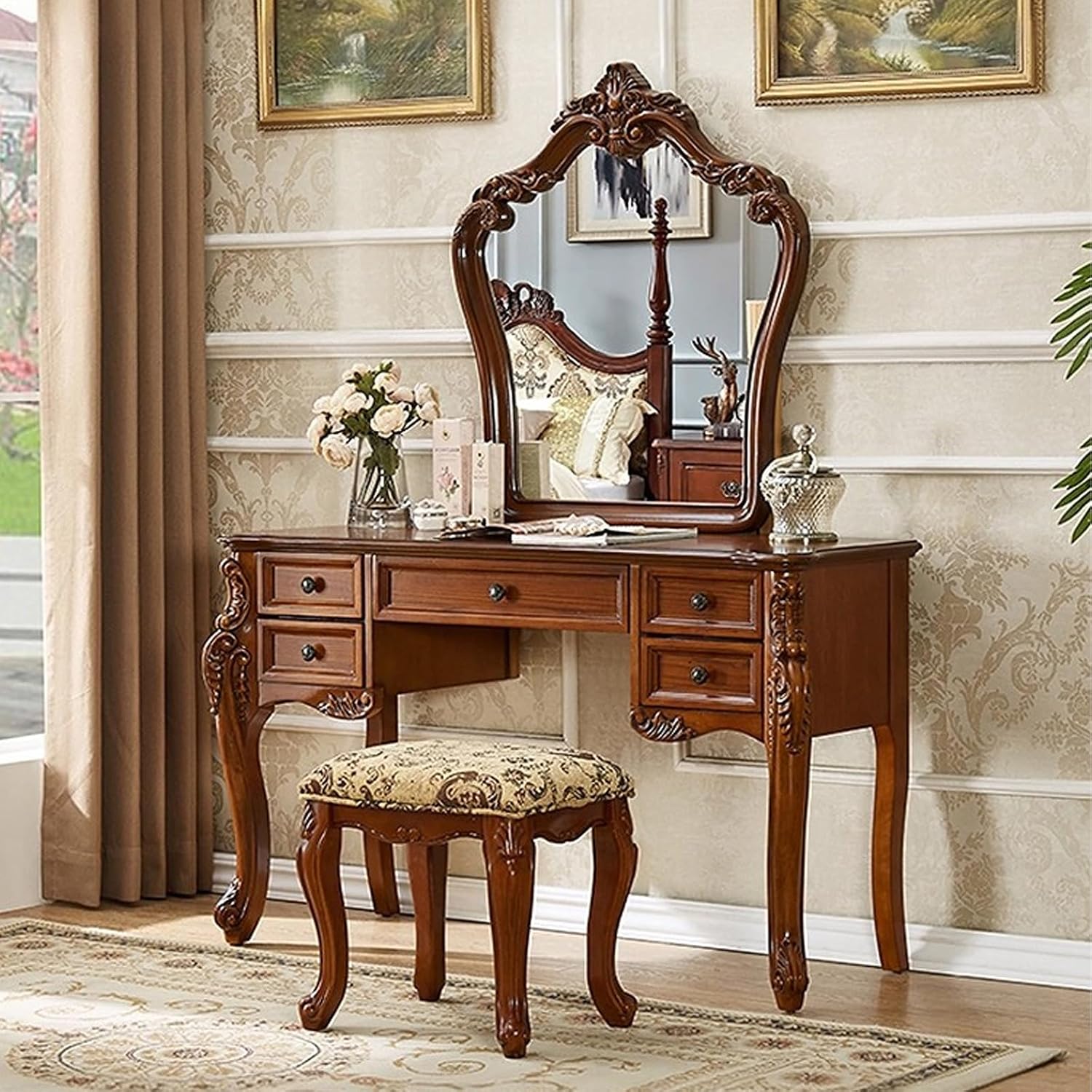 Mid Century European Antique Makeup Vanity, Vintage Brown Makeup Table with 5 Drawers and Mirror, Fabric Upholstered Stool, Bedroom Dressing Table for Women Girls (130cm/51in)