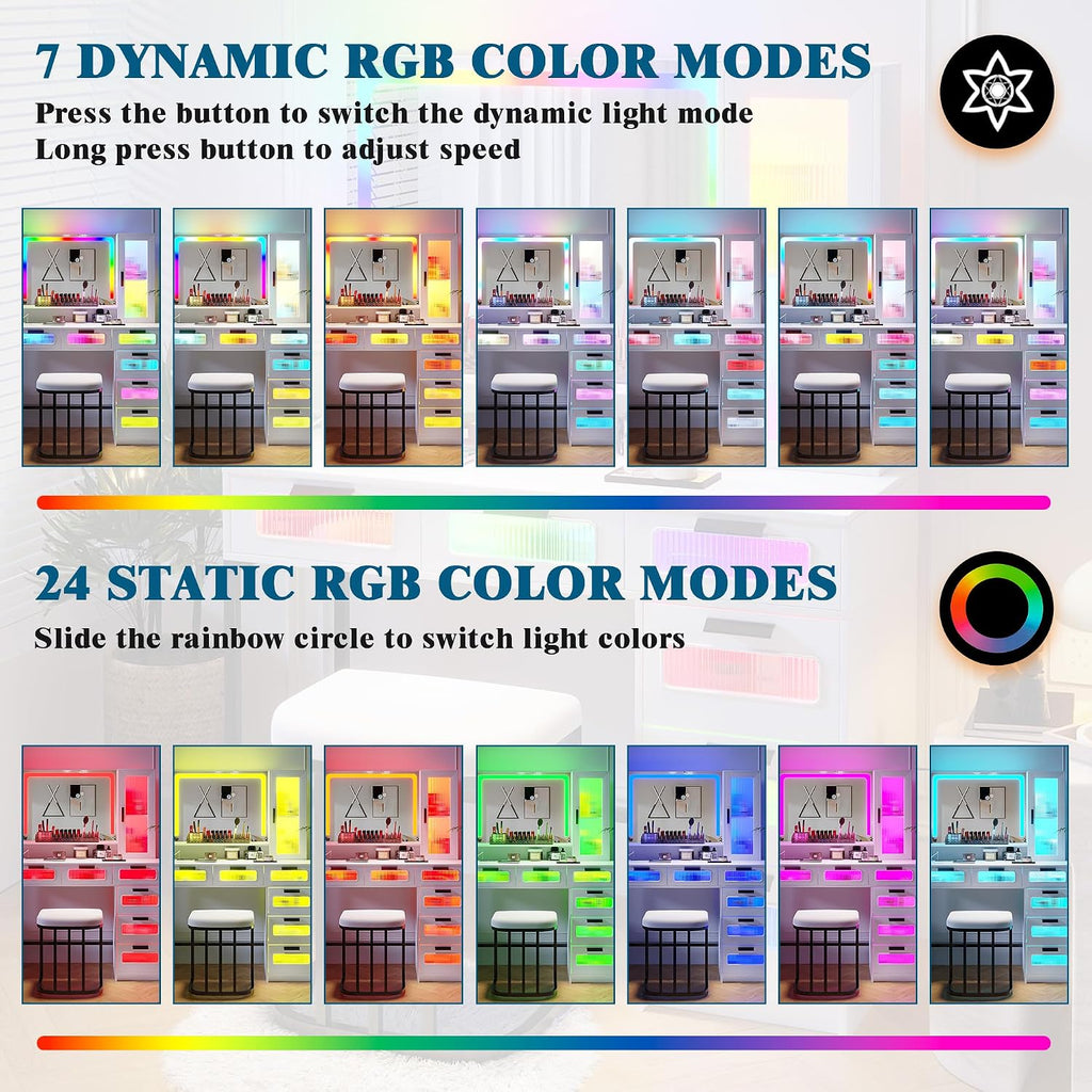 HNEBC RGB Vanity Desk with Mirror and Lights, LED Vanity Makeup Desk with USB/Wireless Charger Station, Vanities Dressing Table Sets with 6 Drawers/Cabins/Stool/Shelves for Bedroom&Cloakroom,White