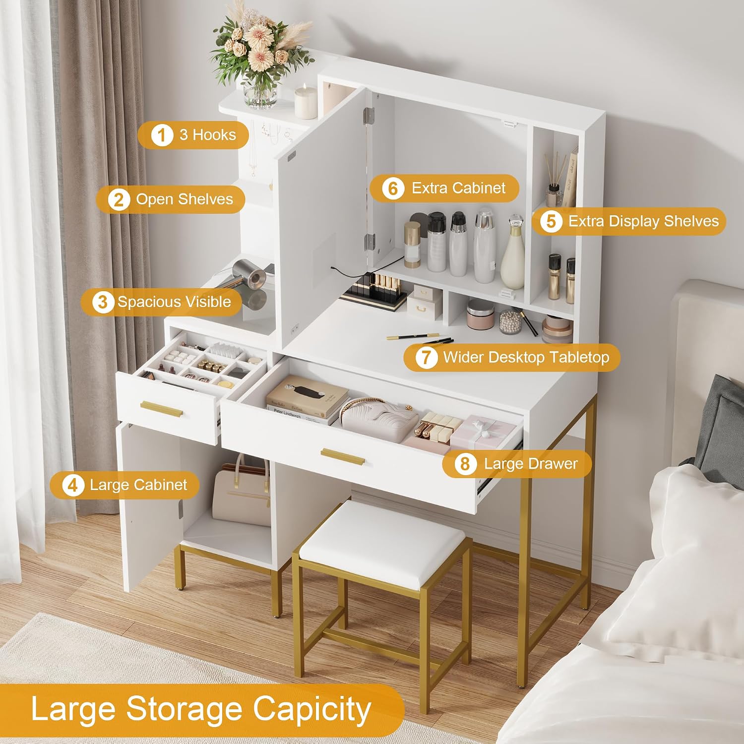 GarveeHome Makeup Vanity Desk with Lights in 3 Colors, White Vanity Table with Charging Station, Visible Drawers