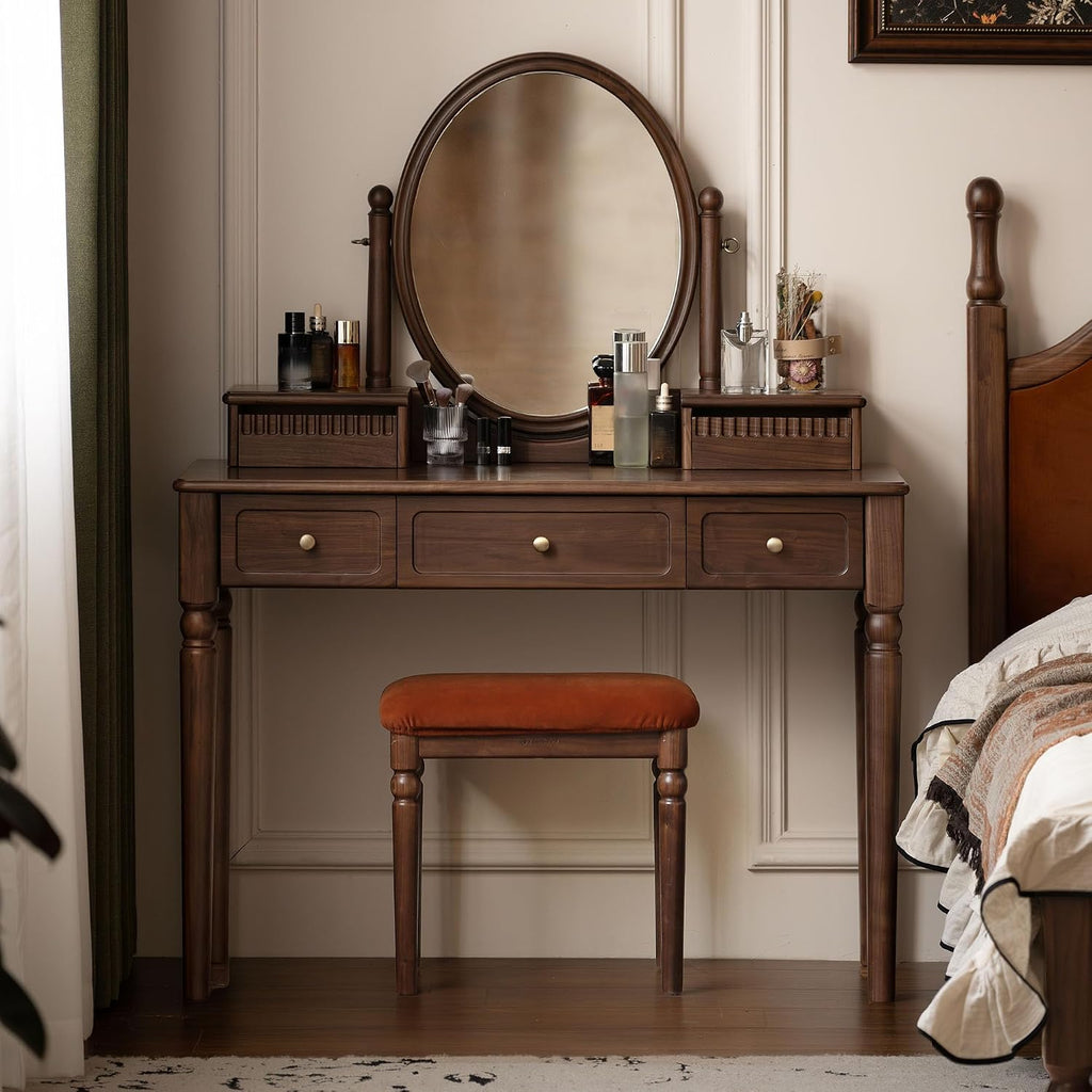 Vintage Vanity Desk with Rotating Mirror, Solid Walnut Dressing Table for Bedroom, Dark American Style Vanity, 37' W x 18' D x 56' H