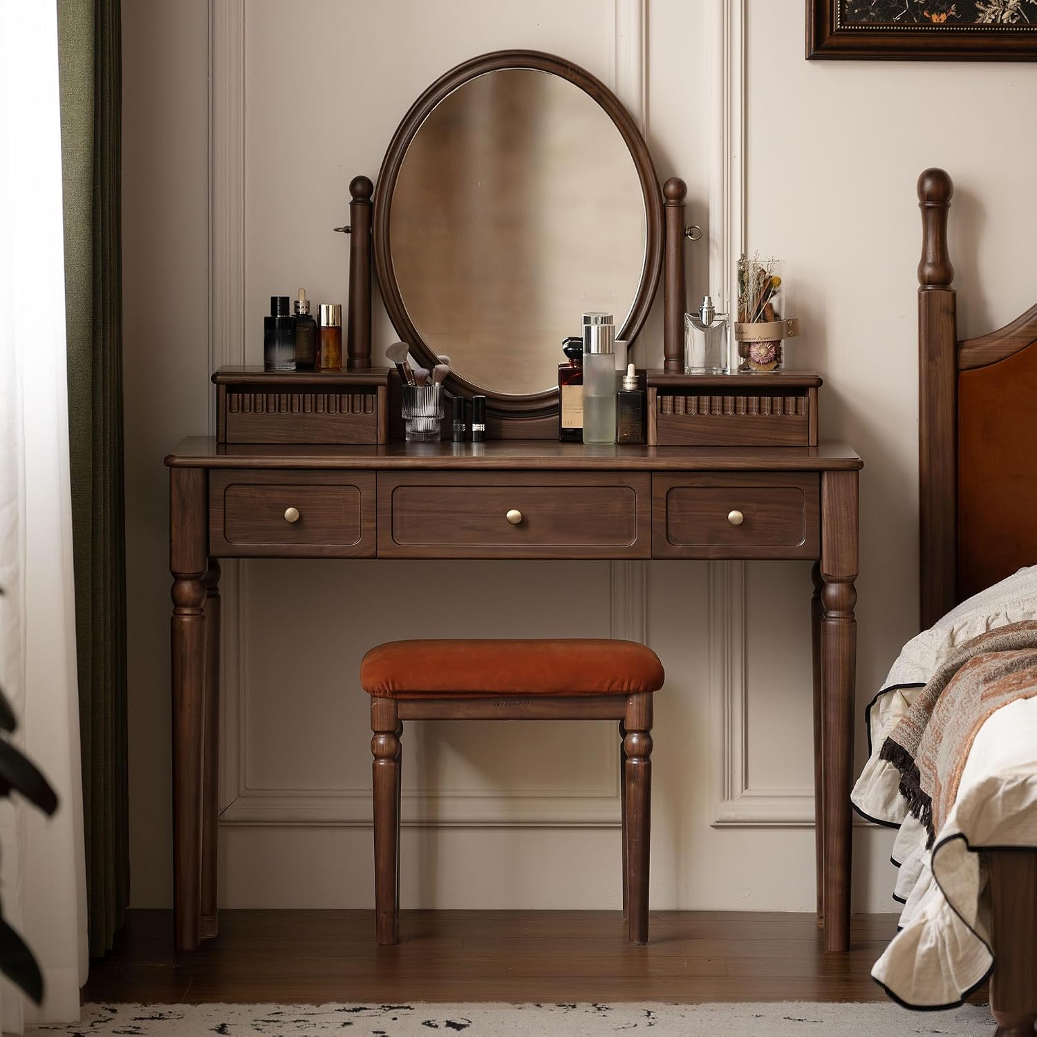 Vintage Vanity Desk with Rotating Mirror, Solid Walnut Dressing Table for Bedroom, Dark American Style Vanity, 37' W x 18' D x 56' H