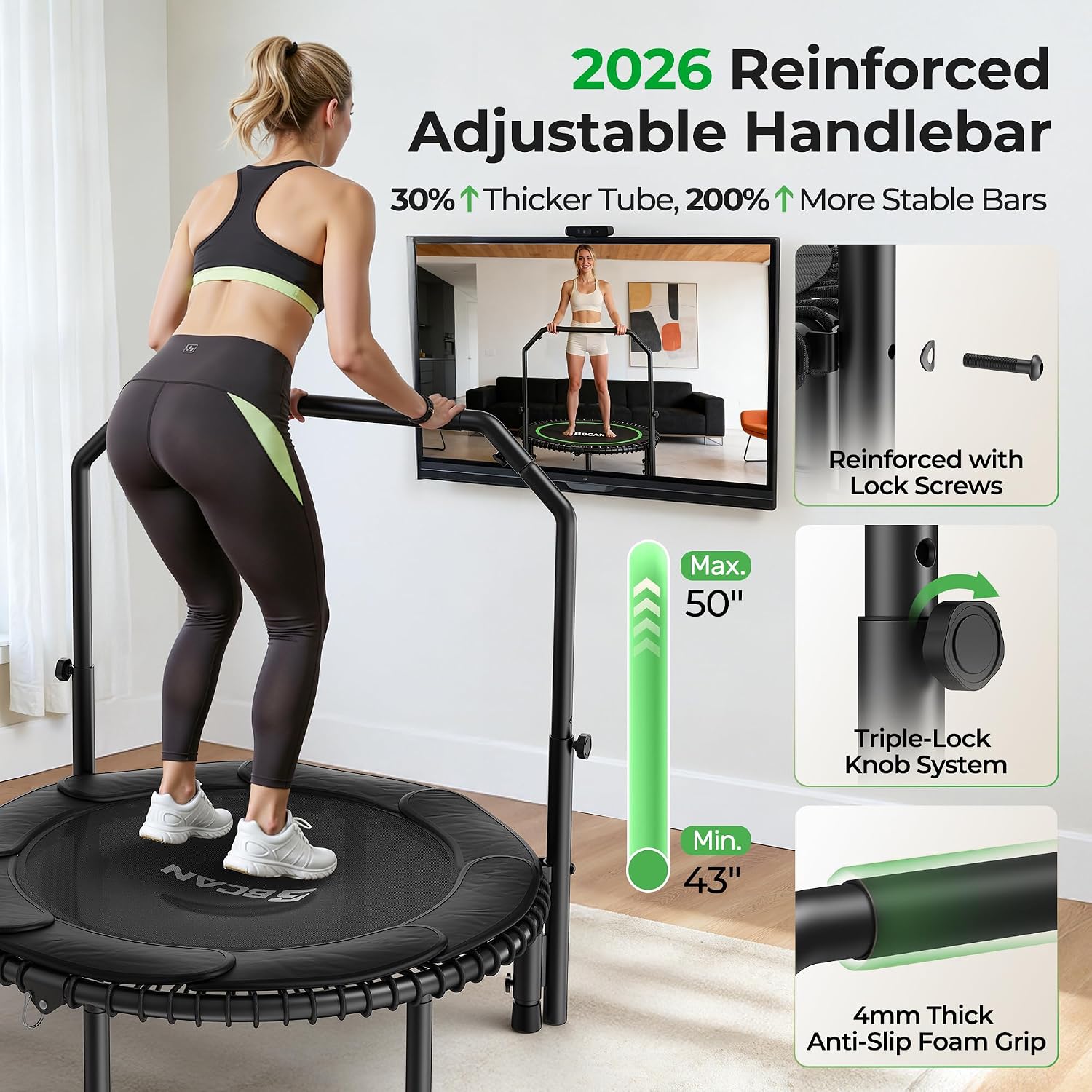 BCAN BT2 450/550LBS Mini Rebounder Trampoline for Adults with Bar, Fitness Trampoline with Bungees, Adjustable Handle, Stable & Quiet, Indoor Outdoor, Whole-Body Workout & Relaxation at Home-40IN/48IN