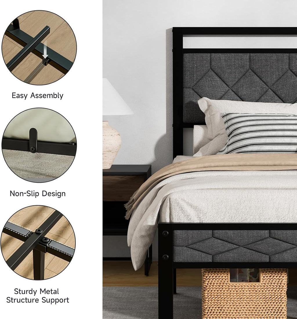 Z-hom King Size Bed Frame, King Bed Frame with Upholstered Headboard, Metal Platform Beds Solid and Stable, Grey, Noise Free, Easy Assembly, No Box Spring Needed
