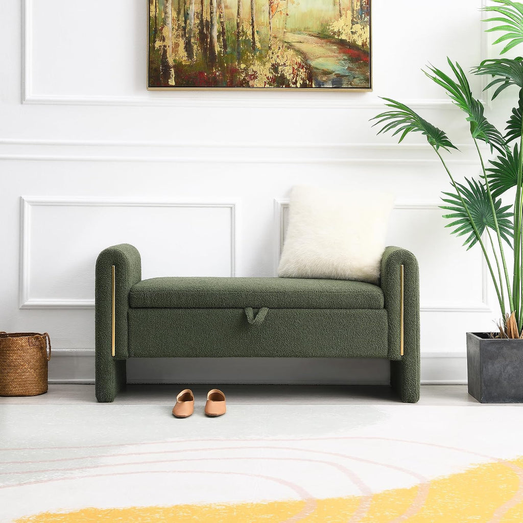 JIJIWANG Modern Bed End Bench with Arms and Storage, Upholstered Bed Bench Entryway Bench Ottoman Comfy Window Vanity Bench Footstool for Living Room,Bedroom,Olive Green