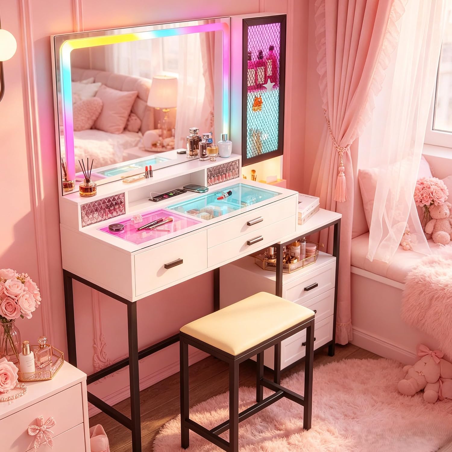 RGB Vanity Desk with Mirror and Lights, 7 Dynamic & 24 Static Dimmable Makeup Vanity Set with Wireless/USB/Type C Charging, Dressing Table with Stool & 6 Drawers (White)