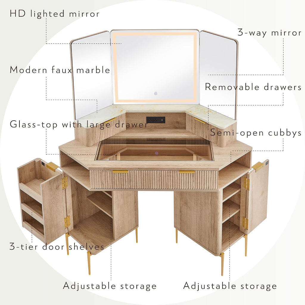 T4TREAM 48' Fluted Makeup Vanity Desk with HD Triple Mirror and Lights, Large Lighted Corner Vanity with Glass Top, Modern Dressing Table with 3 Drawers & 2 Cabinets for Bedroom, Natural Oak