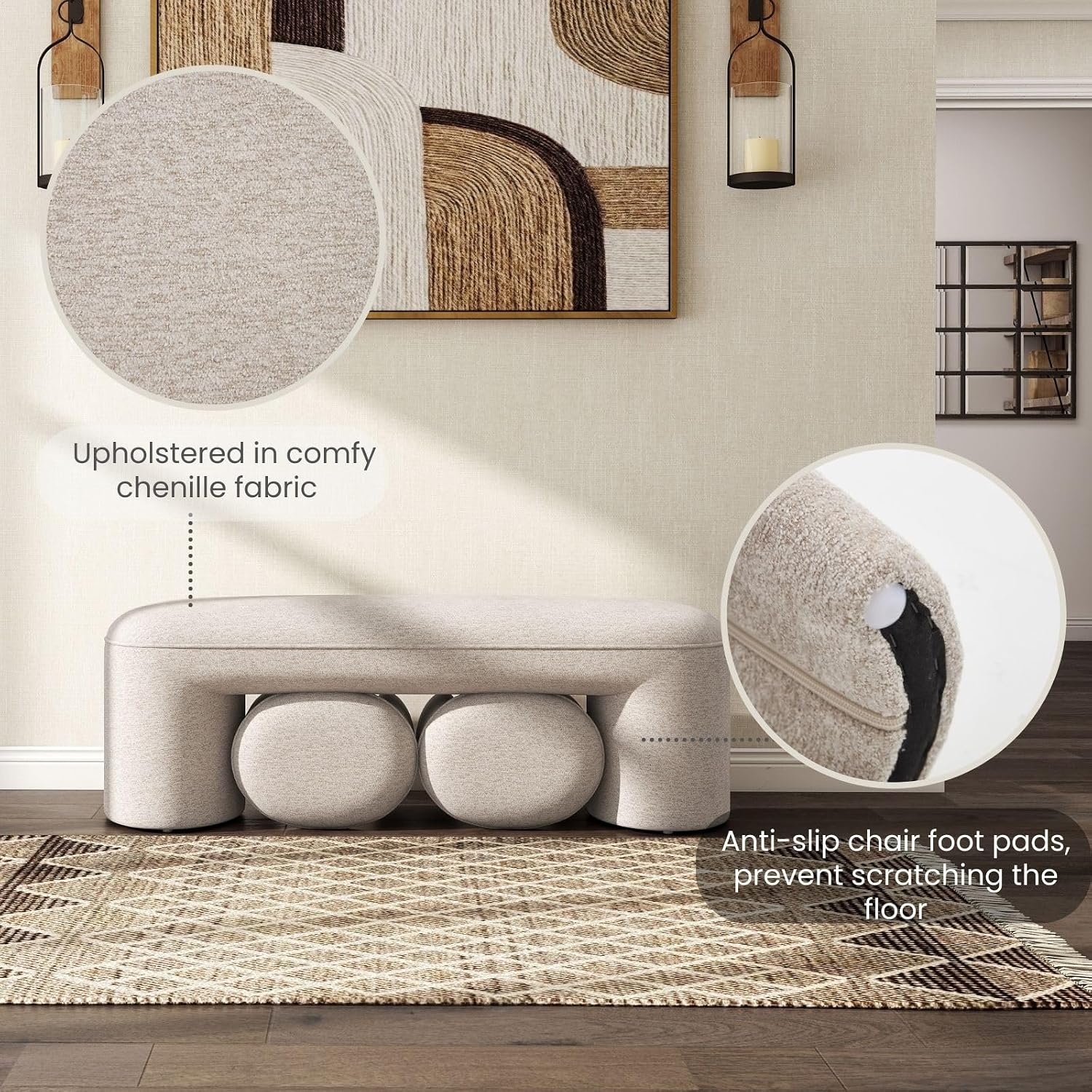 53' Upholstered End of Bed Bench with 2 Nesting Ottoman Stools, Modern Chenille Bedroom Bench for King/Queen Bed, Arched Vanity Entryway Bench Seat for Living Room, Oatmeal