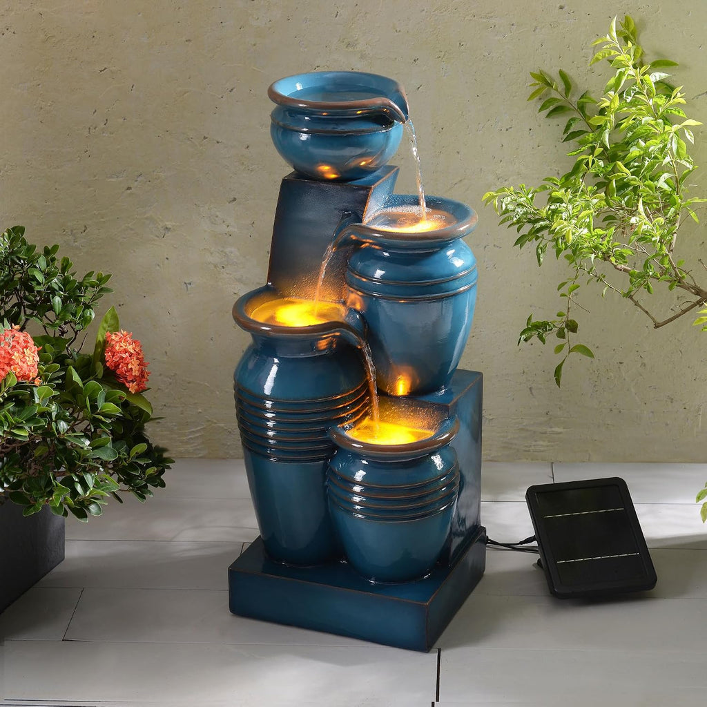 Teamson Home 28.7' 4-Tier Cascading Bowl Solar Powered Water Fountain for Outdoor Living Spaces, Blue