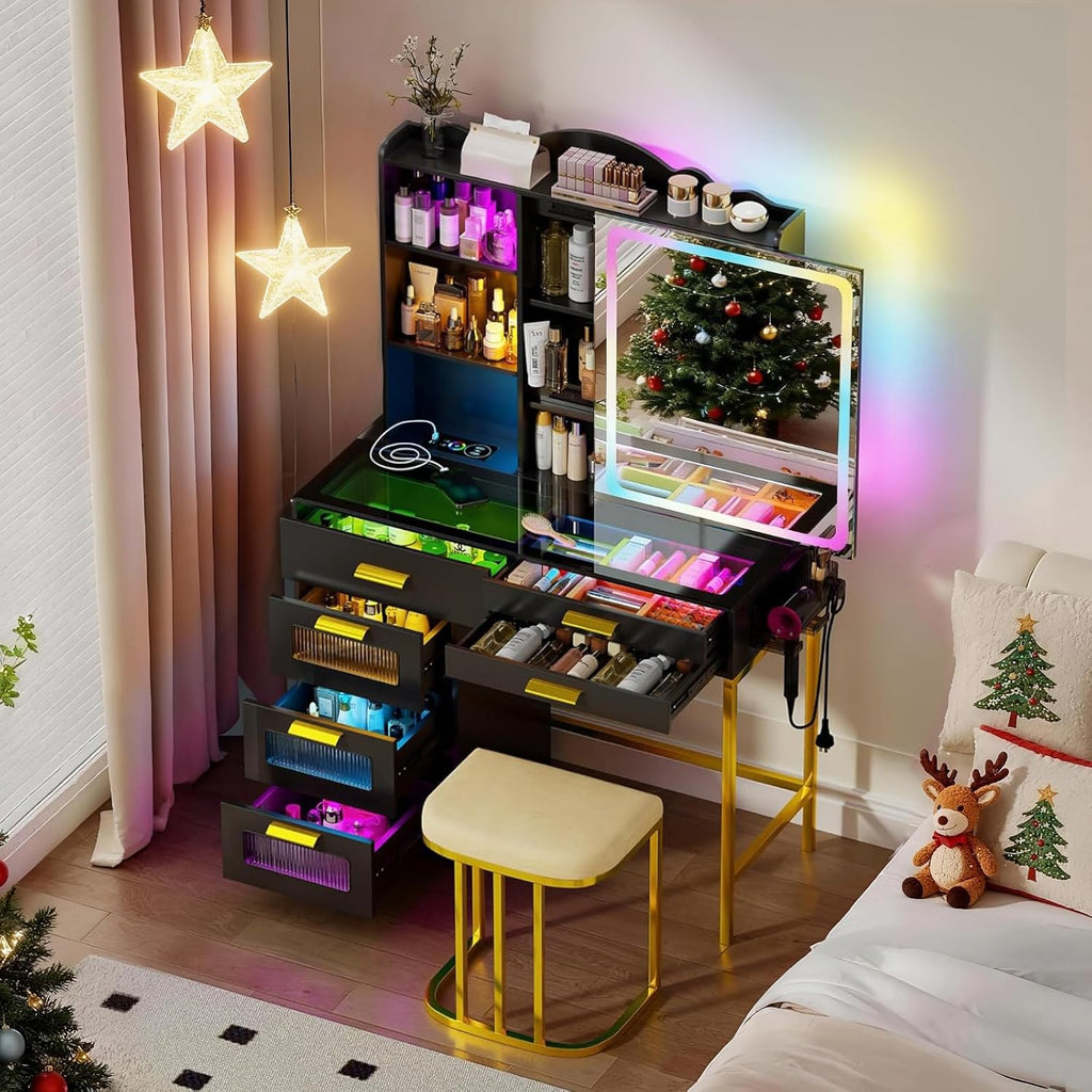 RGB Vanity Desk with Sliding Mirror and Lights,Makeup Vanity with Charging Station,LED Vanity Table with Glass Top,Girls Vanities Dressing Table Set with Stool&6 Drawers for Bedroom(Black