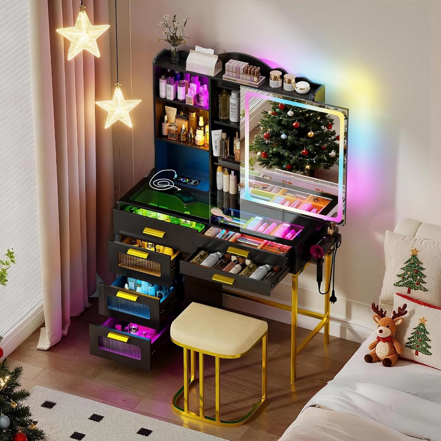 RGB Vanity Desk with Sliding Mirror and Lights,Makeup Vanity with Charging Station,LED Vanity Table with Glass Top,Girls Vanities Dressing Table Set with Stool&6 Drawers for Bedroom(Black