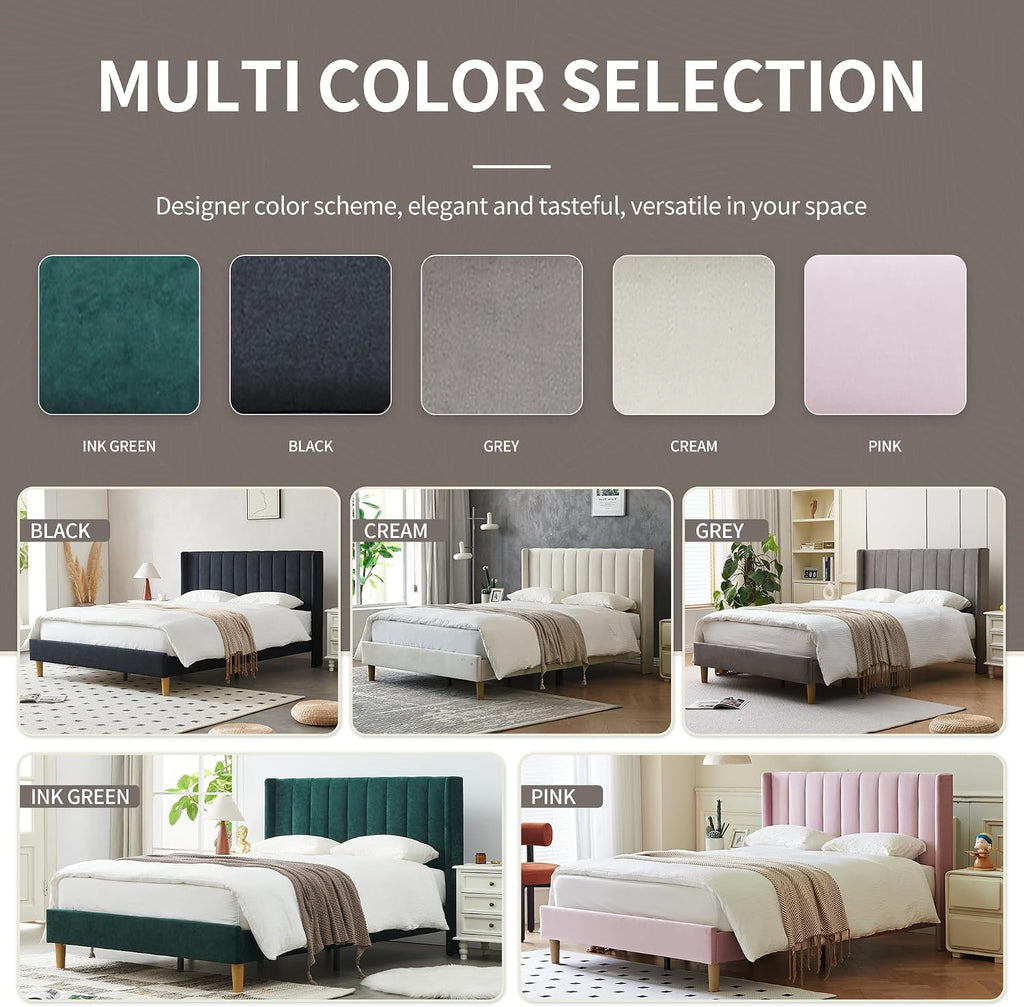 YUHUASHI upholstered Platform Bed Frame/Queen Bed Frame/Modern Geometric Double-Wing Design headboard/Linen Fabric/Easy to Assemble no Noise (Black, Queen (U.S. Standard))
