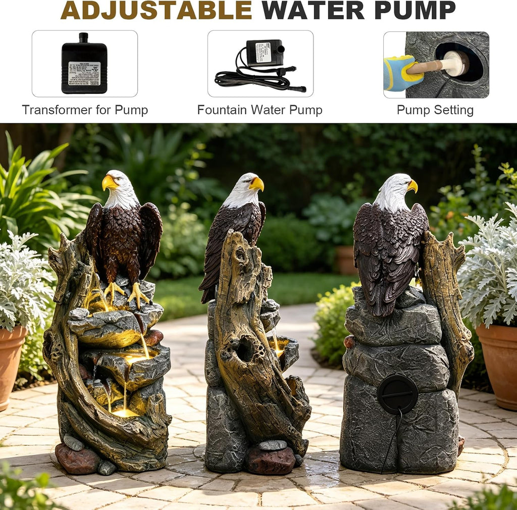 Bald Eagle Outdoor Fountain, 40.5' H Large Cascading Waterfall Garden Fountain with 3000K Warm LED Lights, Realistic Tree Trunk & Rock Water Feature for Garden, Patio, Porch, Yard and Home Art Decor