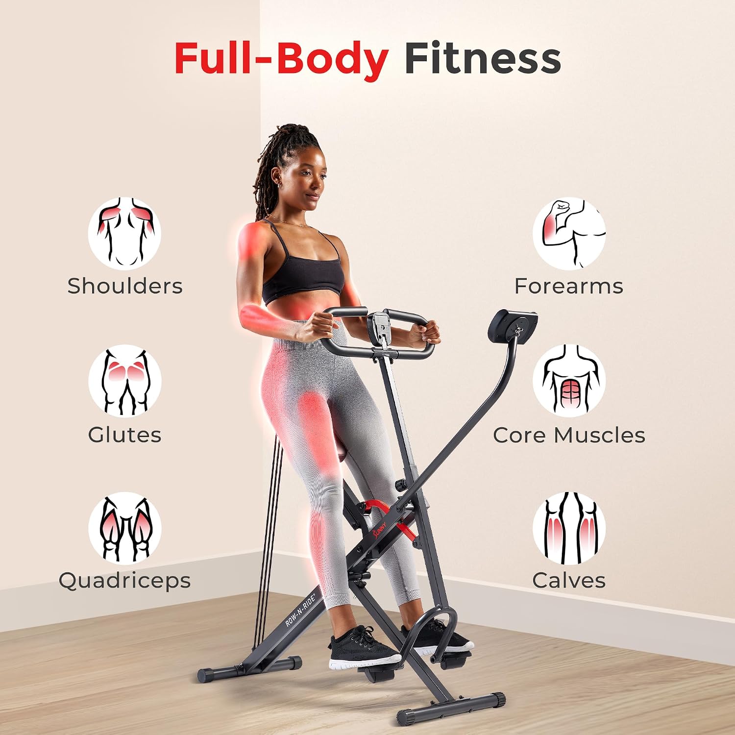 Sunny Health & Fitness Smart Upright Row-N-Ride Trainer w/Adjustable Resistance & 330LB Weight Capacity, Foldable Home Exercise Equipment for Arm, Glute & Leg Training, Free SunnyFit App Connection