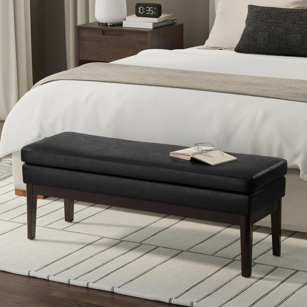 SIMPLIHOME Carlson Ottoman Bench - 45 inch Wide Upholstered Vegan Leather Rectangle Ottoman in Distressed Black, Mid Century Modern Bench for Bedroom, Entryway or Living Room with Padded Seat