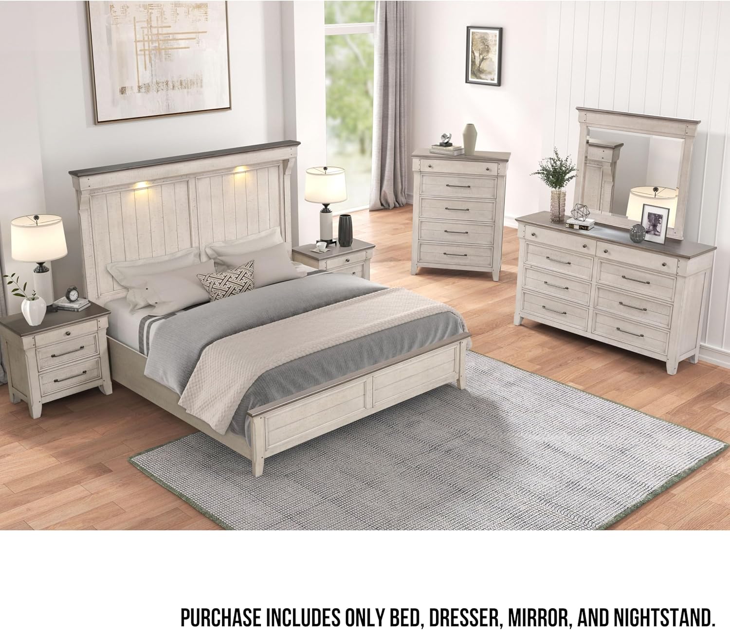 Roundhill Furniture Walcott 4-Piece Bedroom Set with Touch LED Lighting, Weathered Dusty-Taupe Finish, King