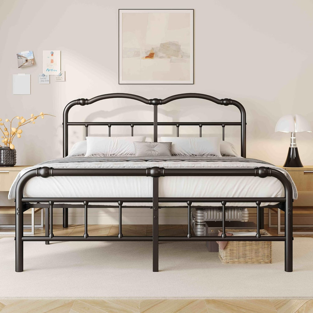 ZIYOO Vinatge California King Size Metal Bed Frame with Metal Headboard and Footboard Cal-King Bed Frame 14 Inch High Under Bed Storage, No Box Spring Needed, Noise Free