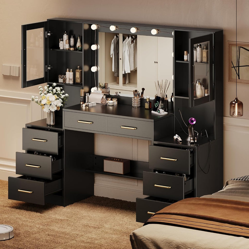 TOKSOM Large Black Vanity Desk with Mirror and Charging Station, Makeup Desk with 8 Drawers, 2 Cabinets and Lots Storage, Dressing Table Vanity Set for Girls Without Lights, 58.3 inch Black